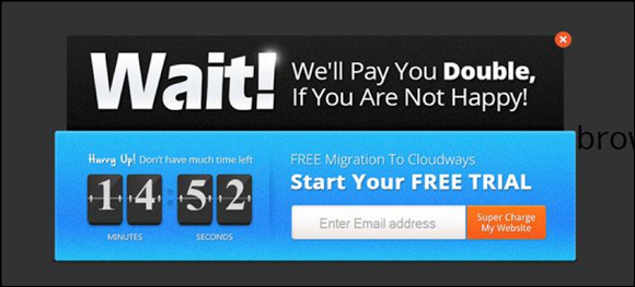 An exit-intent pop-up from Cloudways offering a free trial with a "double your money" guarantee