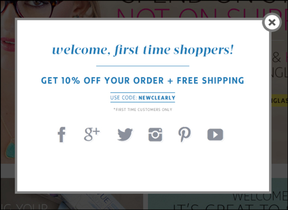 An exit-intent pop-up from Clearly offering 10% off your order and free shipping