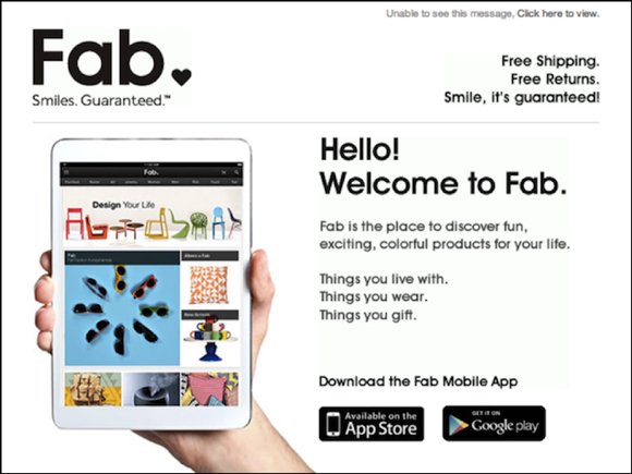 Welcome email from Fab