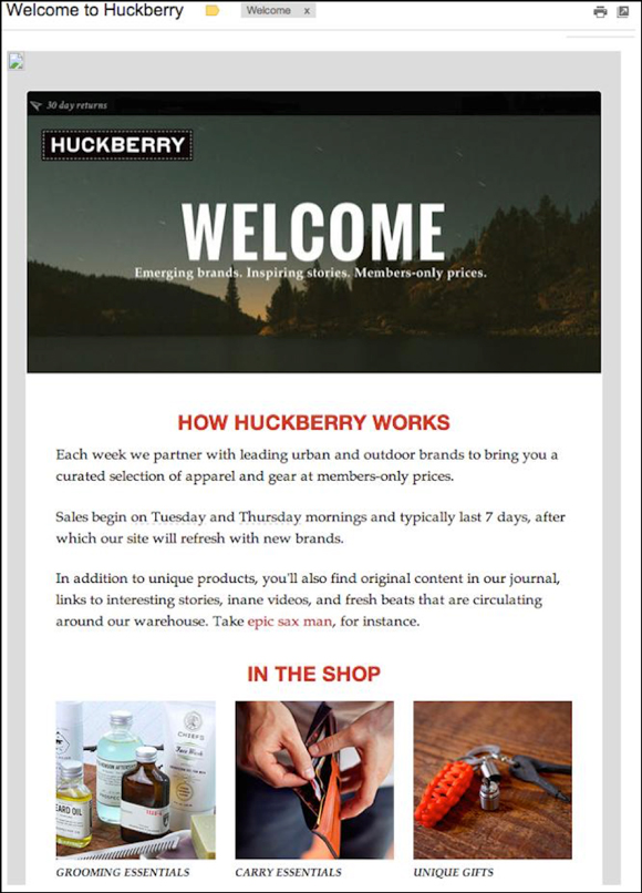 Huckberry welcome email