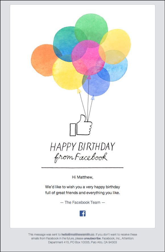 Happy birthday email from Facebook
